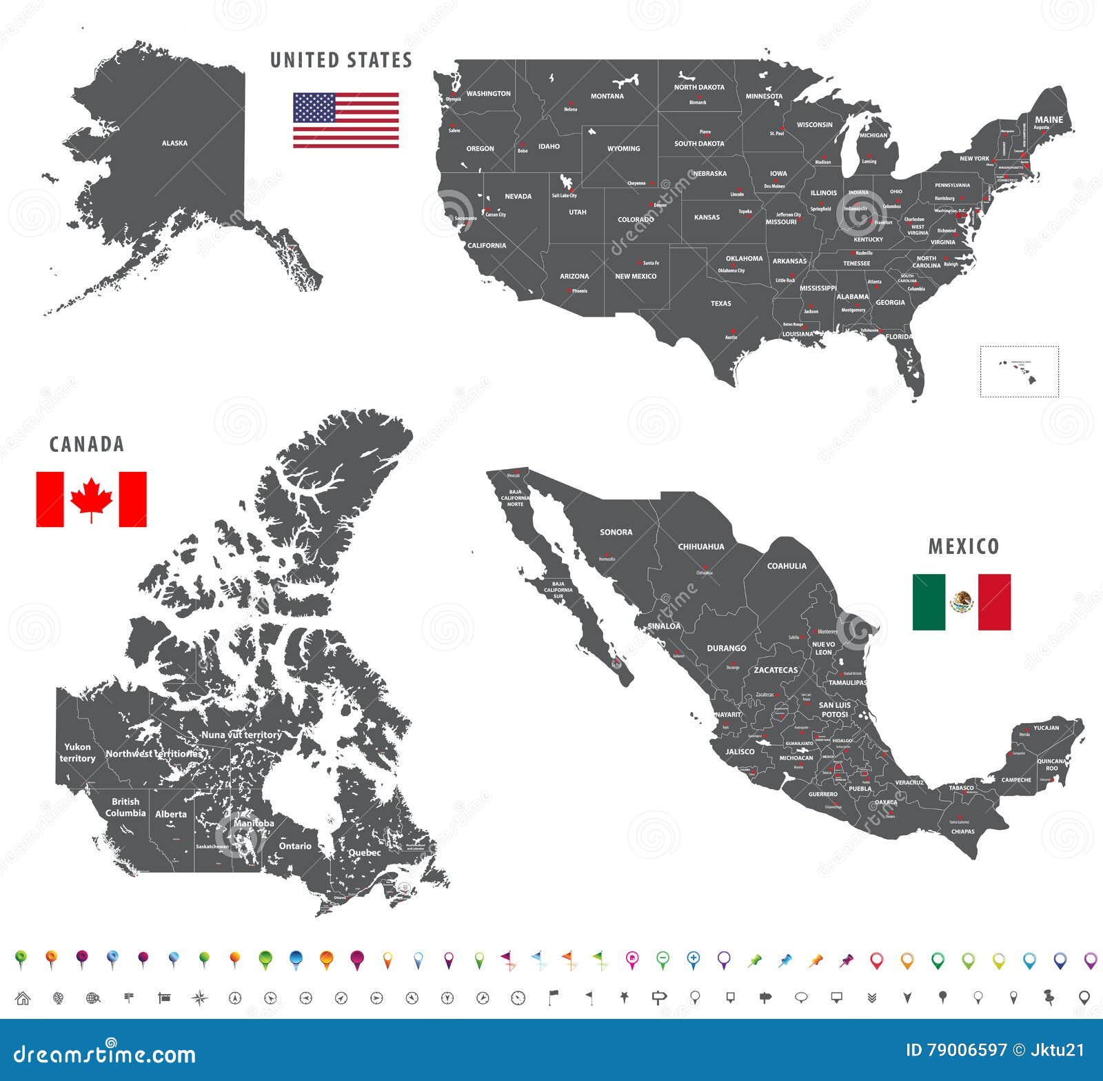 Maps Of Canada United States And Mexico With Flags And Location